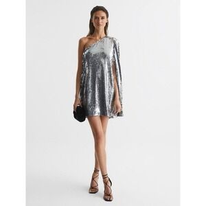 REISS EVA SEQUIN CAPE ONE SHOULDER MINI DRESS NWT SILVER METALLIC SIZE US 10